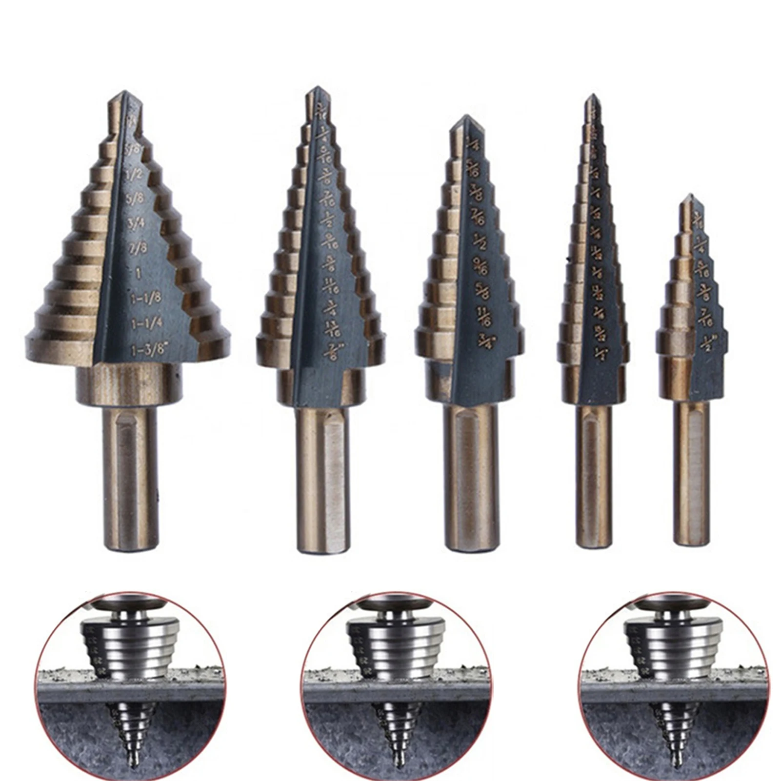 

5pcsHole Punch Step Drill Bit Titanium Milling Cutter Pagoda Punch Saw Drill Bit Set Woodworking Metal Core Hole Opener Tool Kit