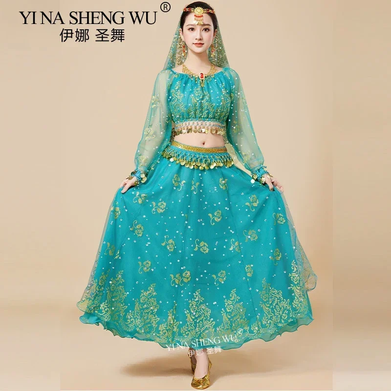 Bollywood Danskostuum Volwassen Vrouwen Indiase Dans Oosterse Buikdans Prestaties Kleding 120D Chiffon Lange Mouw Top Rok Set