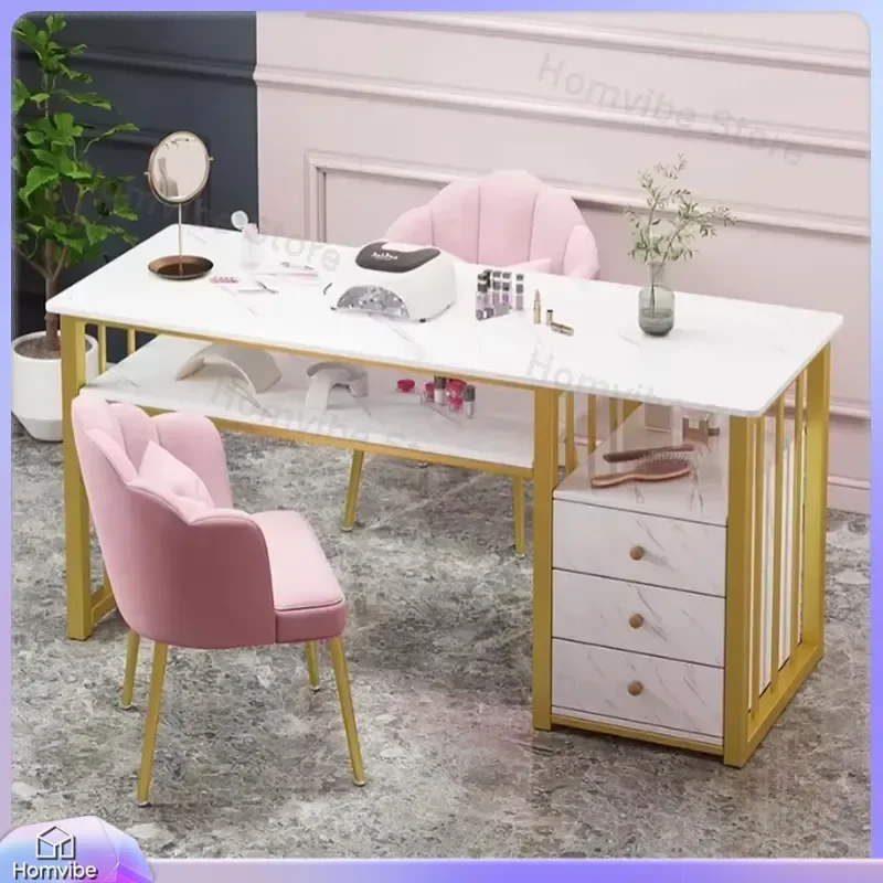 Nail Art Table with Storage Drawers Marble Top Metal Frame Nail Salon Furniture Set Makeup Desk for Manicure Pedicure Nail