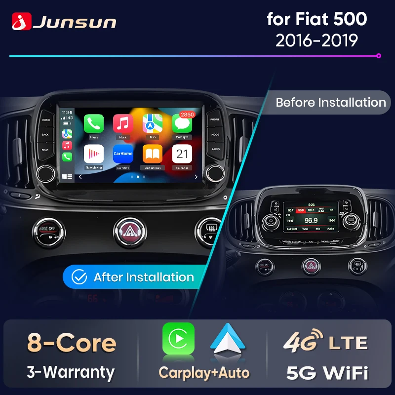 Junsun 7 Wireless CarPlay Android Auto Autoradio per Fiat 500 2016 2017 2018 2019 GPS Stereo Multimediale WiFi 4G 8core RDS