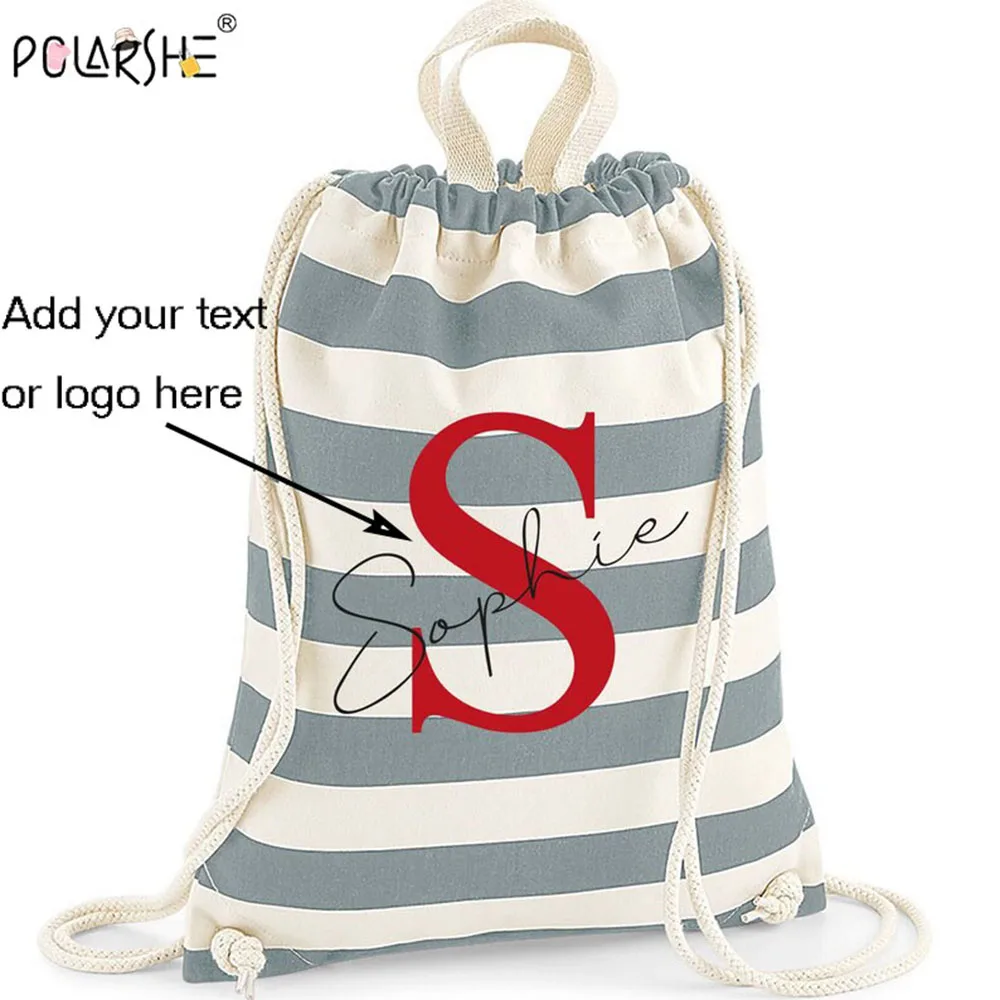 

Настраиваемый полосатый рюкзак на шнурке из хлопка и холста, персонализированная сумка с текстовым логотипом, складная портативная сумка для школы путешествий