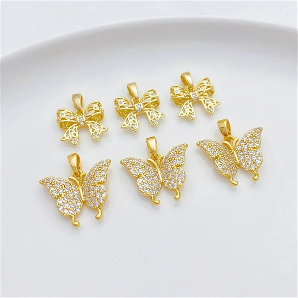 

14K Gold-plating Inlaid Zircon Bow Pendant Handmade DIY Bracelet Necklace Jewelry Material Accessories