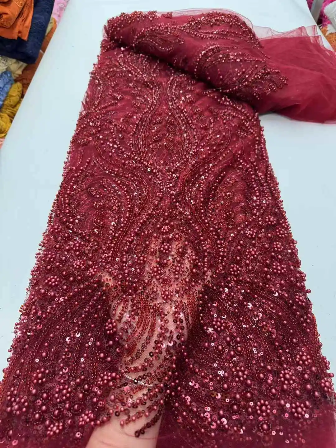 France High-End Luxury Elegant Handmade Beaded Lace Fabric Nigerian With Sequins Beads Mesh Lace Fabric For Wedding Dress