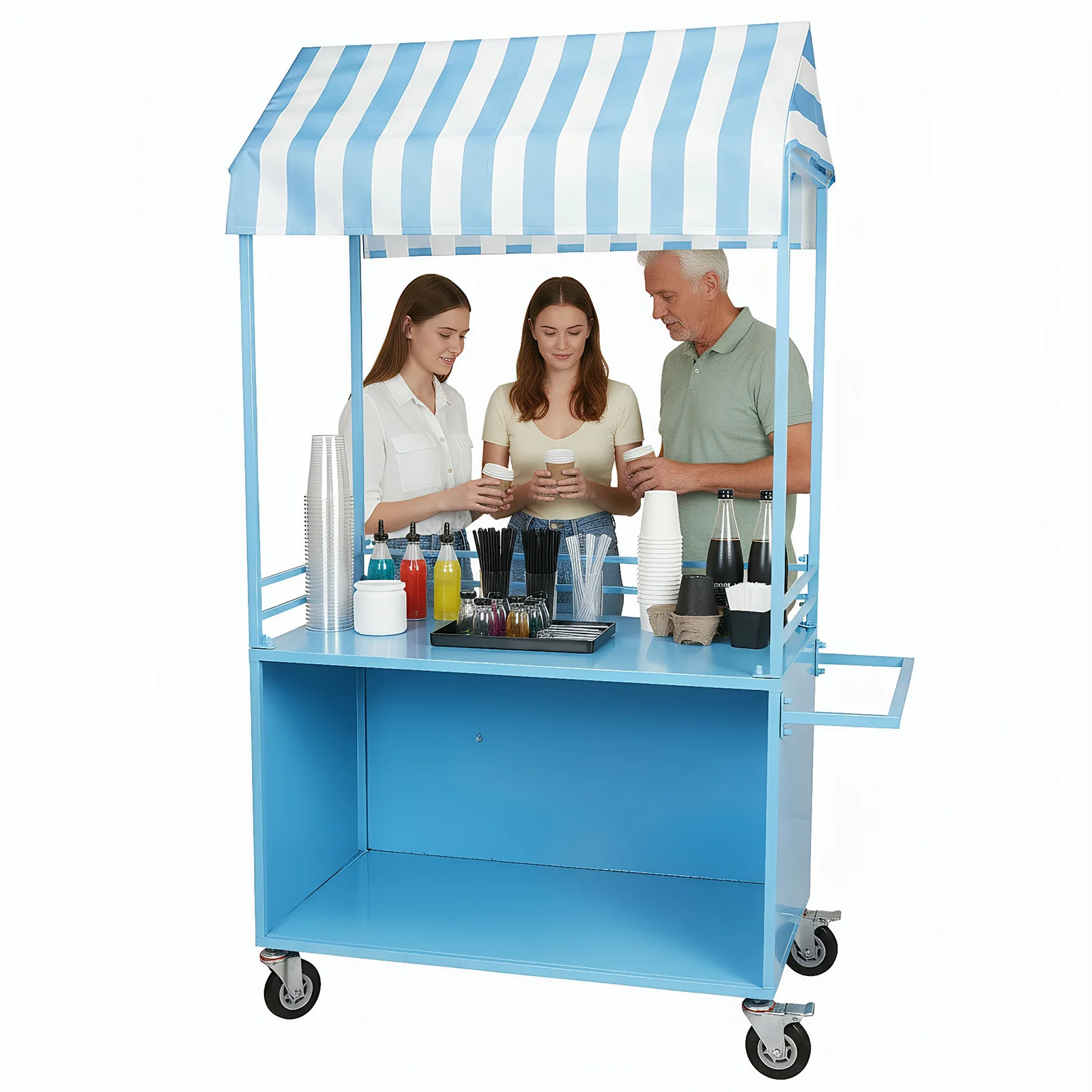 

Mobile Food Display Stand with Lockable Wheels Vending Stand Kiosk Display Trolley with Canopy for Shopping Malls Events Streets
