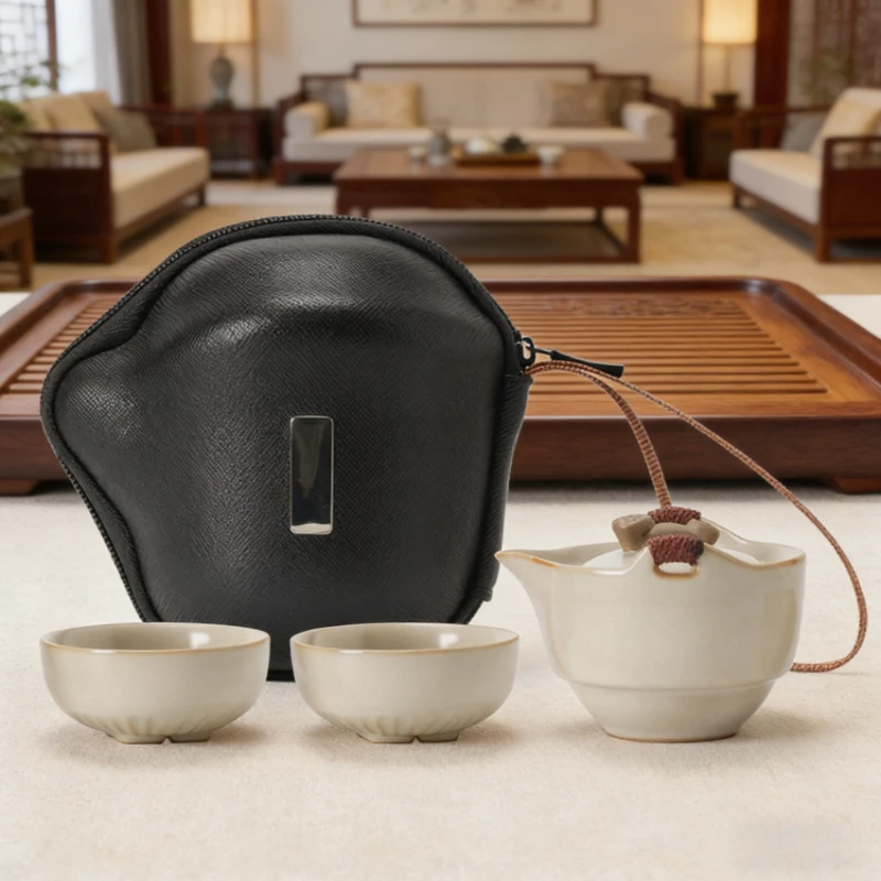 

Beige Ru Kiln Travel Tea Set Portable Outdoor Camping Ceramic Tea Pot Two TeaCups Lightweight Mini Tea Set for Picnic Portable