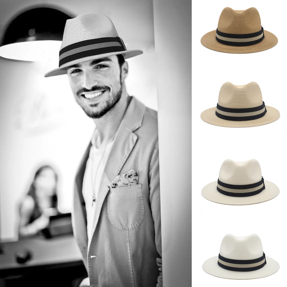 Men Women Soft Straw Panama Hats Summer Fedora Middle Brim Sunhats Trilby Caps Street Beach Travel Sombrero Size US 7 1/4 UK L