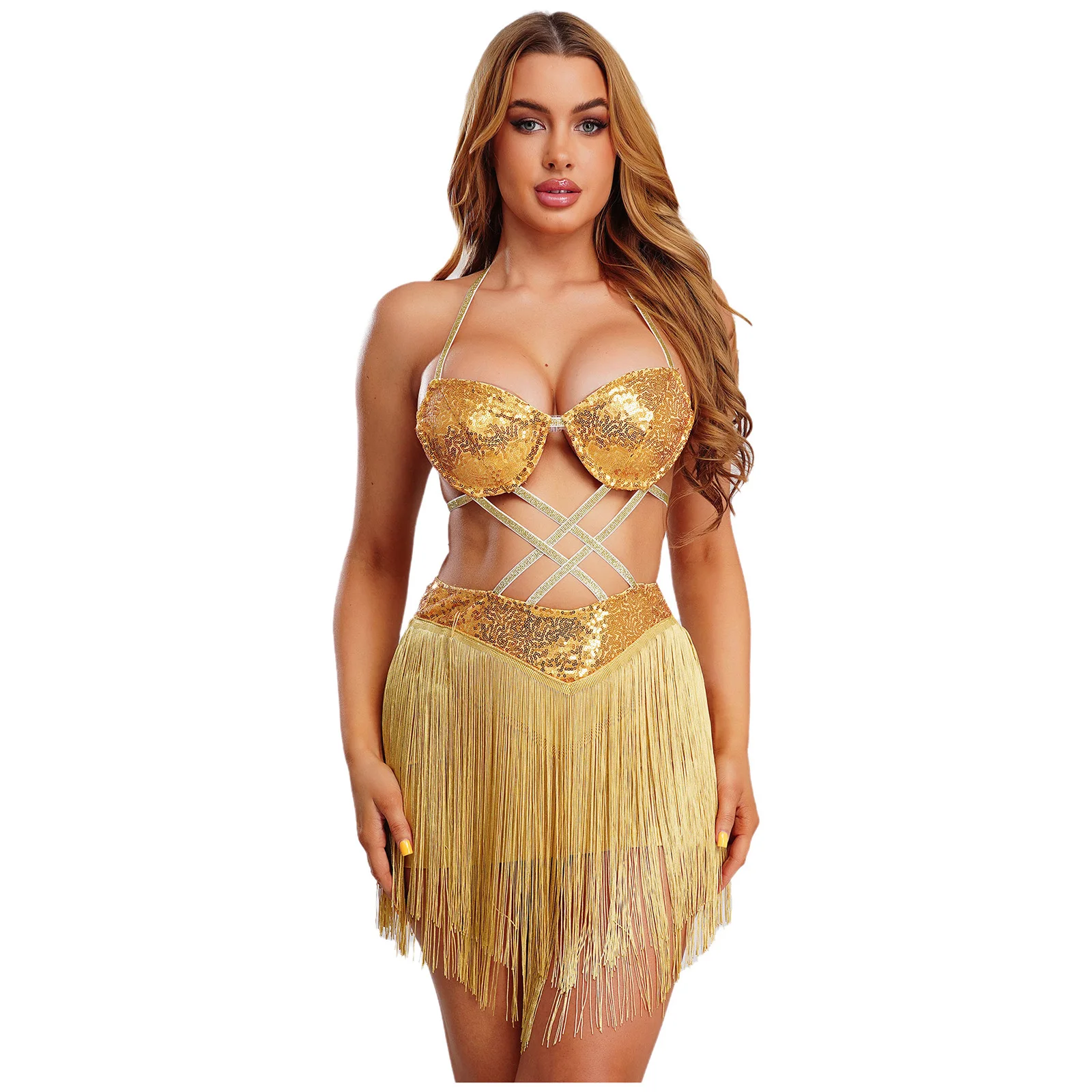 Vestido de baile con lentejuelas y borlas para mujer, sujetador push-up con cuello Halter y espalda descubierta para vientre, Tango latino cha-cha Samba, vestido de baile de salón