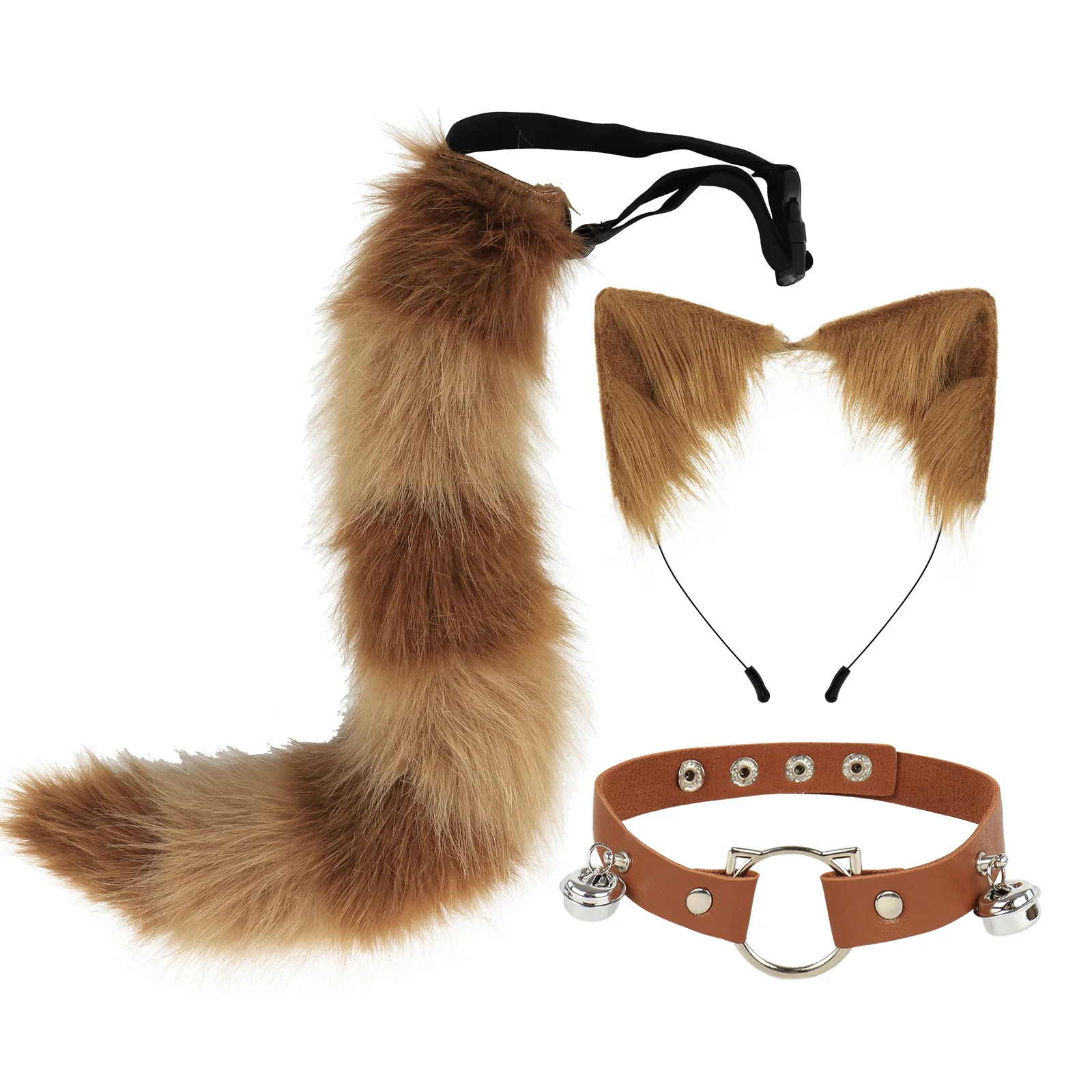 Fluffy Animal Ears Headband Furry Ears Hair Hoop Necklace Tail Set Leather Choker for Halloween Party Fancy Dress