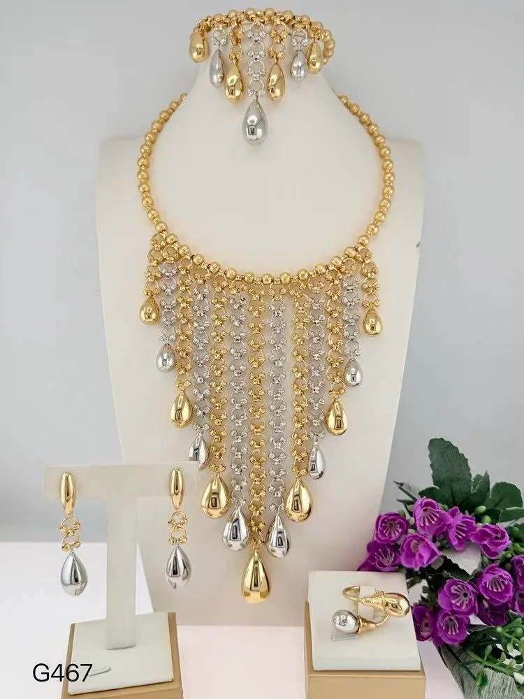 Dubai Luxury Two Tone Tassel Water Drop Jewelry Set Gold Plated Necklace Earrings Ring Bracelet Women Wedding Party Accessories
