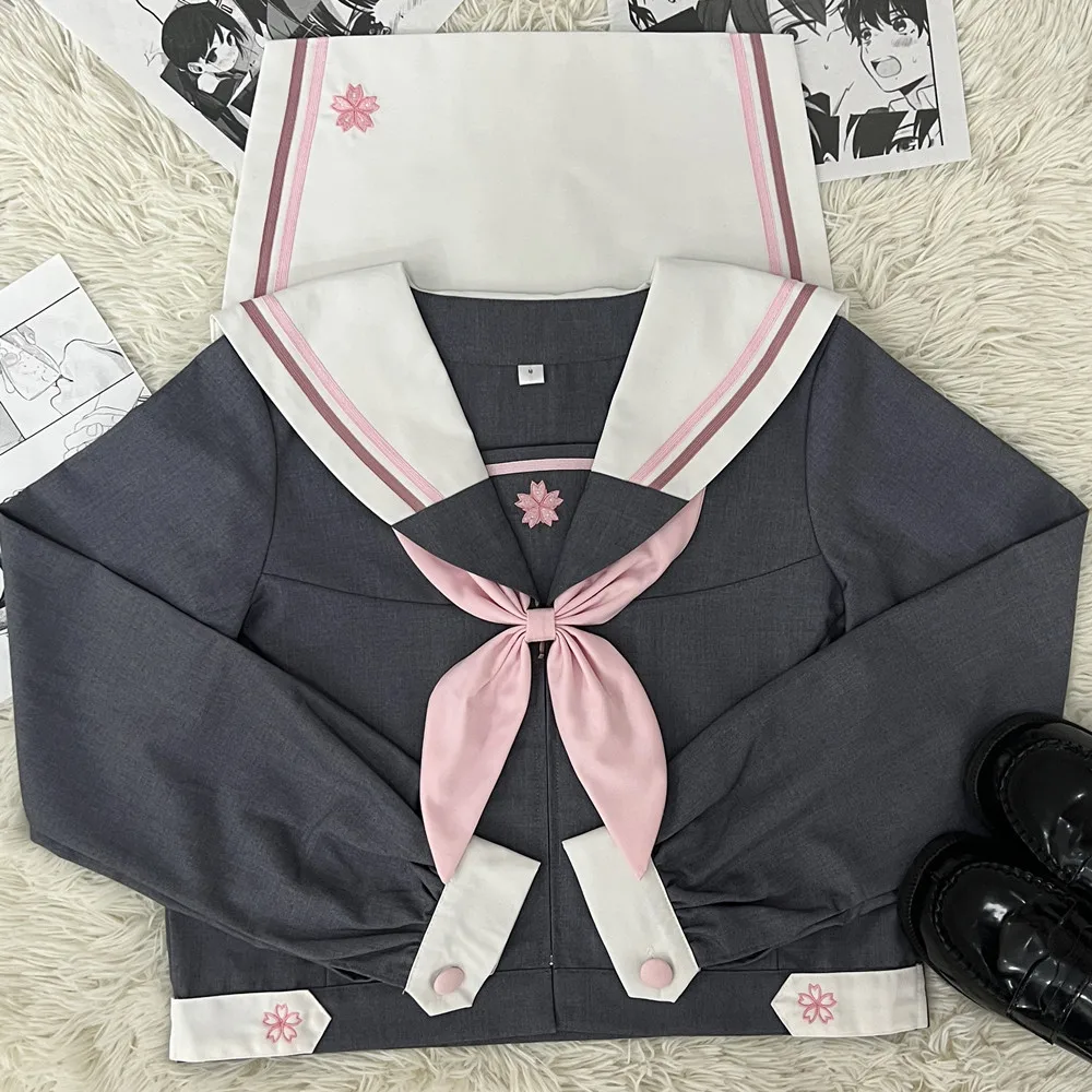 Women Sailor Outfit High School Jk Uniform Japanese Dress Student Clothes Pleated Skirt Grey Sailor Suit Girl Seifuku Korean