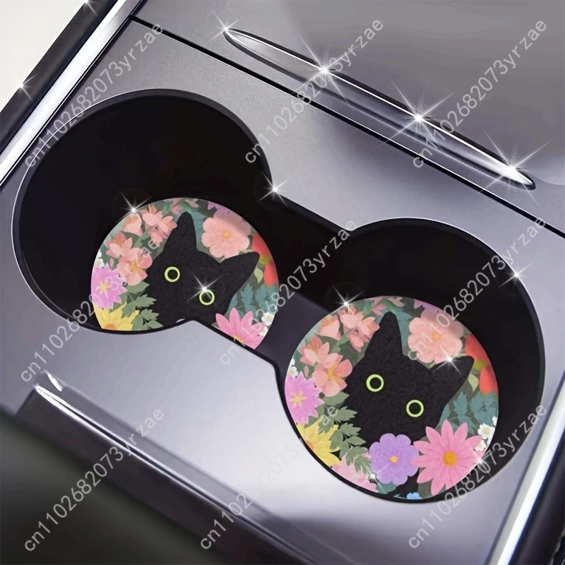 

Floral Cat Car Coasters 2pcs Absorbent Anti Slip Car Coasters Scalding Waterproof Easy Clean Car Interior Accessories