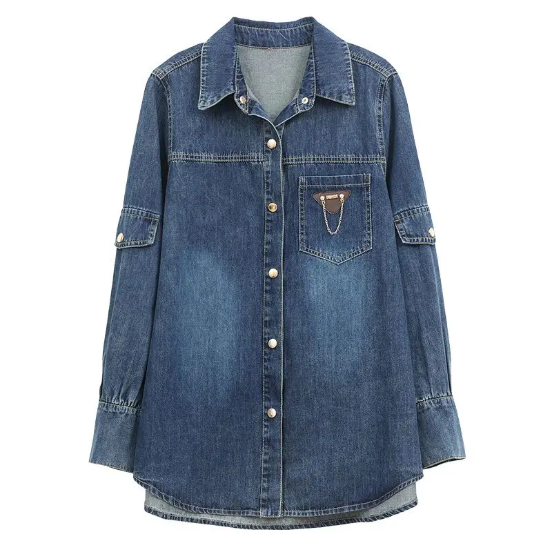 Design Dark Blue Denim Shirt Women Chic Single-Breasted Vintage Blouses 2024 Spring Tops Long Sleeve Casual Jean Blusas D269