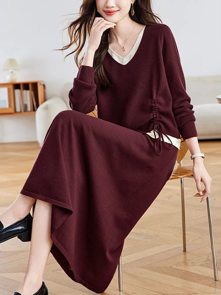 Korean Fashion Knitted 2 Pieces Sets Women Casual Spliced V-neck Sweater Pullover Tops Conjuntos Elastic Waist Skirts Outfit New