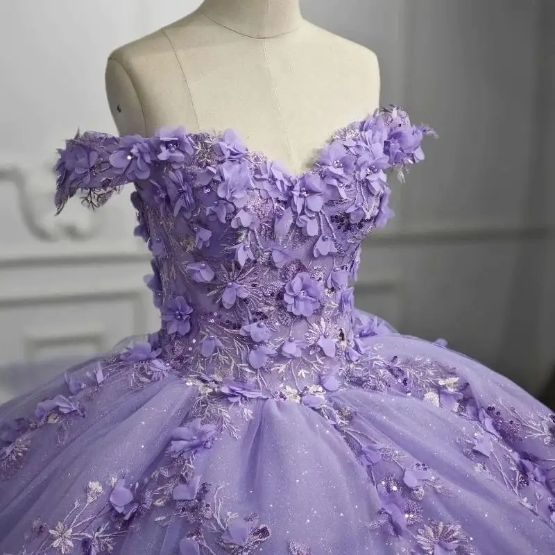 الخزامى قبالة الكتف الكرة ثوب فساتين Quinceanera ثلاثية الأبعاد زهرة زين الحلو 16 15 فستان عيد ميلاد Vestido De 15 Anos مسابقة