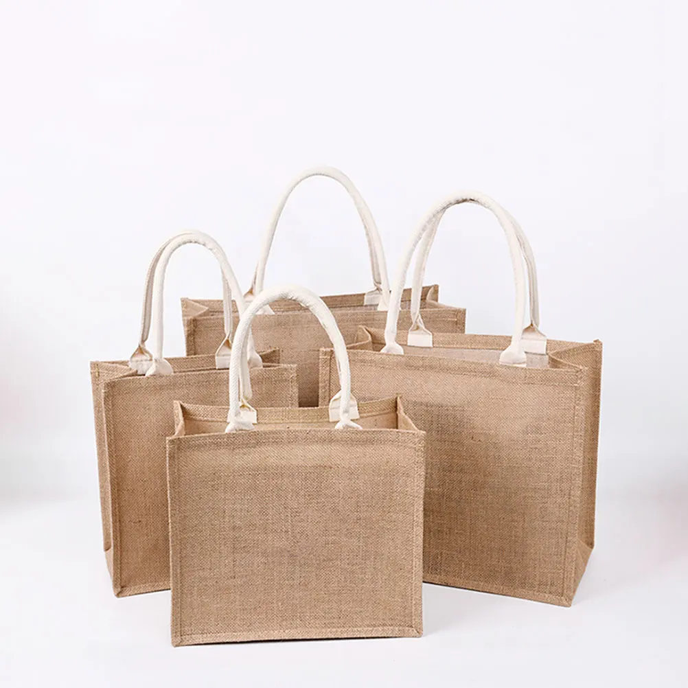 

2 Pcs Burlap Tote Bags Linen Material Shopping Jute Bag Vegetable Pouch Grocery Storage Reusable Handbag Khaki
