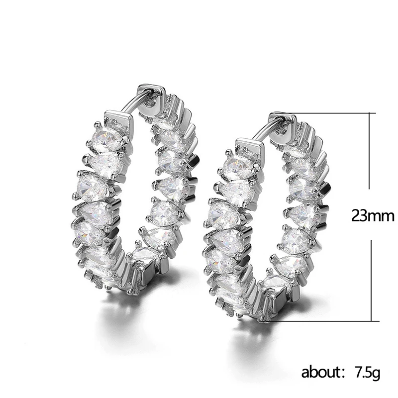 UILZ Female Luxury Crystal Square Bride Hoop Earring Silver Color Wedding Jewelry White Zircon Stone Earrings for Women