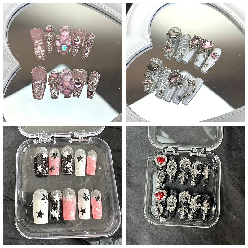

Handmade Y2K Press On Nail Pink Short Square Fake Nail With Glue Glittery Reusable Long Coffin False Nails Full Cover Nail Tips