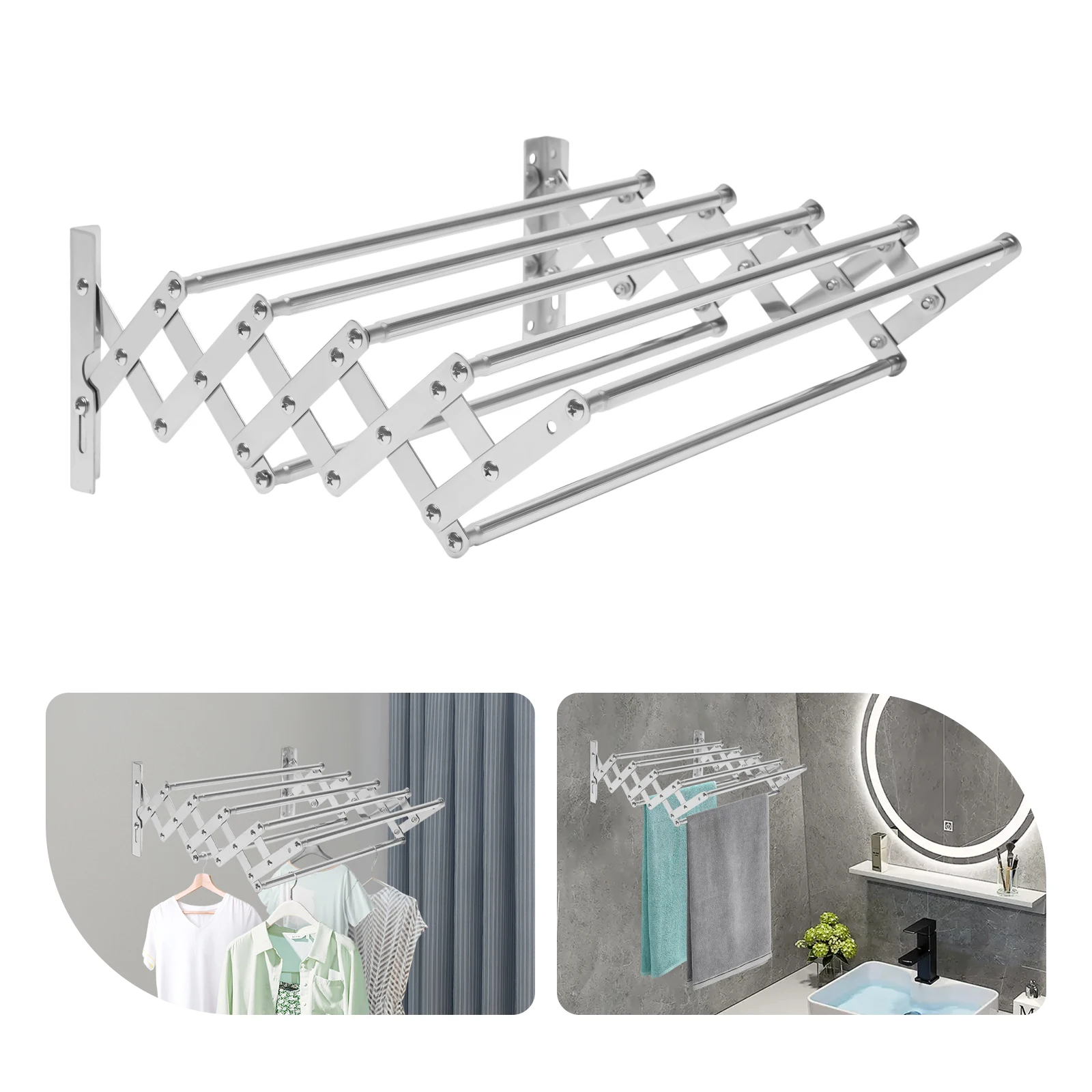 Wall Mounted Retractable Towel Rack Adjustable Length 42-80cm Stainless Steel Drying Rack for Bathroom Clothes Hanging