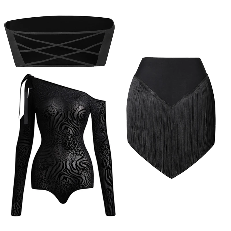 Latin Dance Clothes Women Oblique Shoulder Tops Black Fringe Skirt Long Sleeves Practice Wear Rumba Samba Dance Dress DNV18950