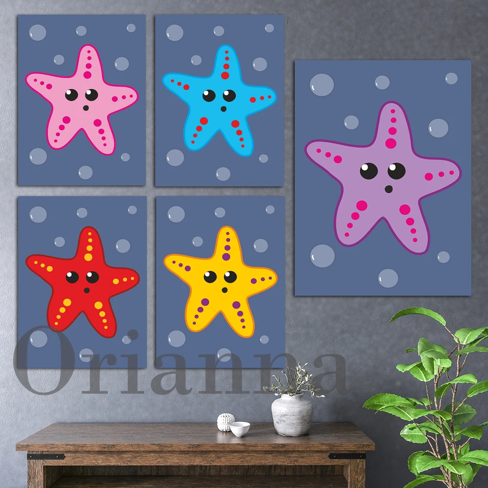 

Bright Blue Yellow Purple Red Pink Starfish Cartoon Wall Art Print Posters Modern Home Kids Room Nursery Decor Painting Gift