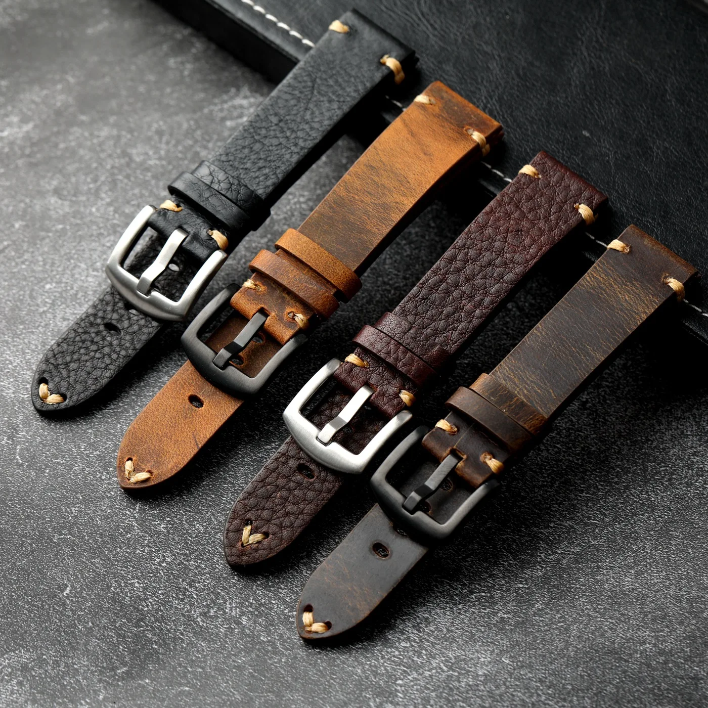 Image of Handgefertigtes italienisches Oberschicht-Rindslederarmband, 18, 19, 20, 21, 22 mm Vintage-Armband in Braun und Schwarz, geeignet für mechanische Uhren mit weicher Passform