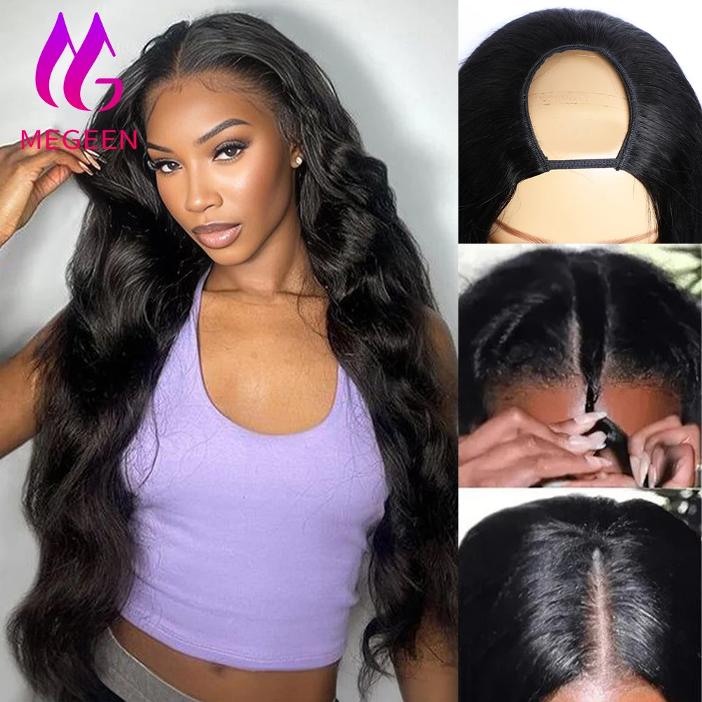 

Megeen Body Wave Upgrade U Part Wig Brazilian Virgin Hair Natural Black Human Hair Machine Wigs For Women No Leave Out 18-30Inch