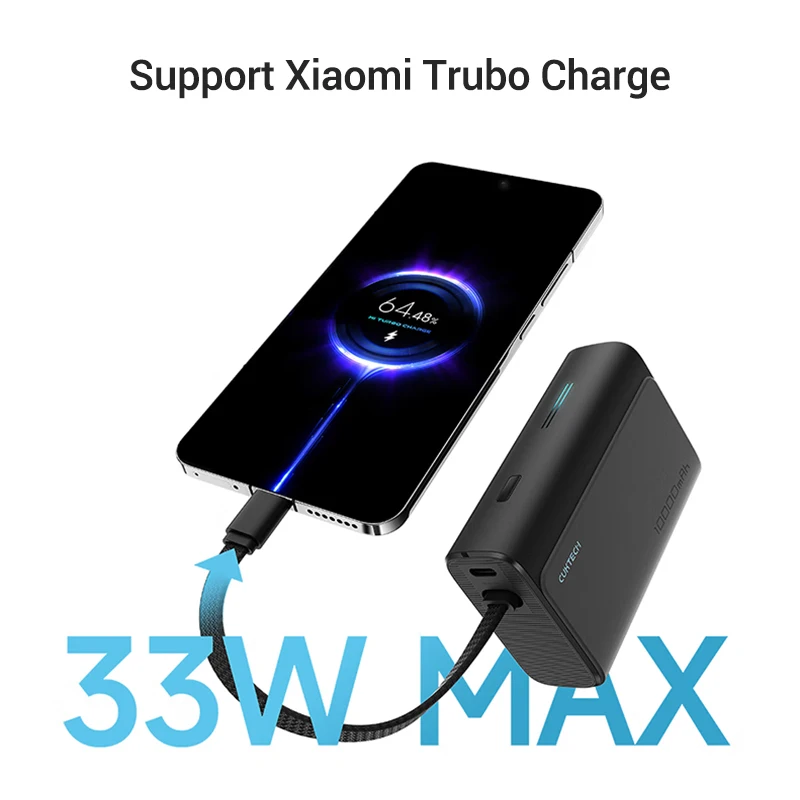 باور بانك CUKTECH 10000 33 وات ماكس كابل مدمج PD PPS UFCS شحن سريع لهاتف آيفون 16 وشاومي 15 وسامسونج
