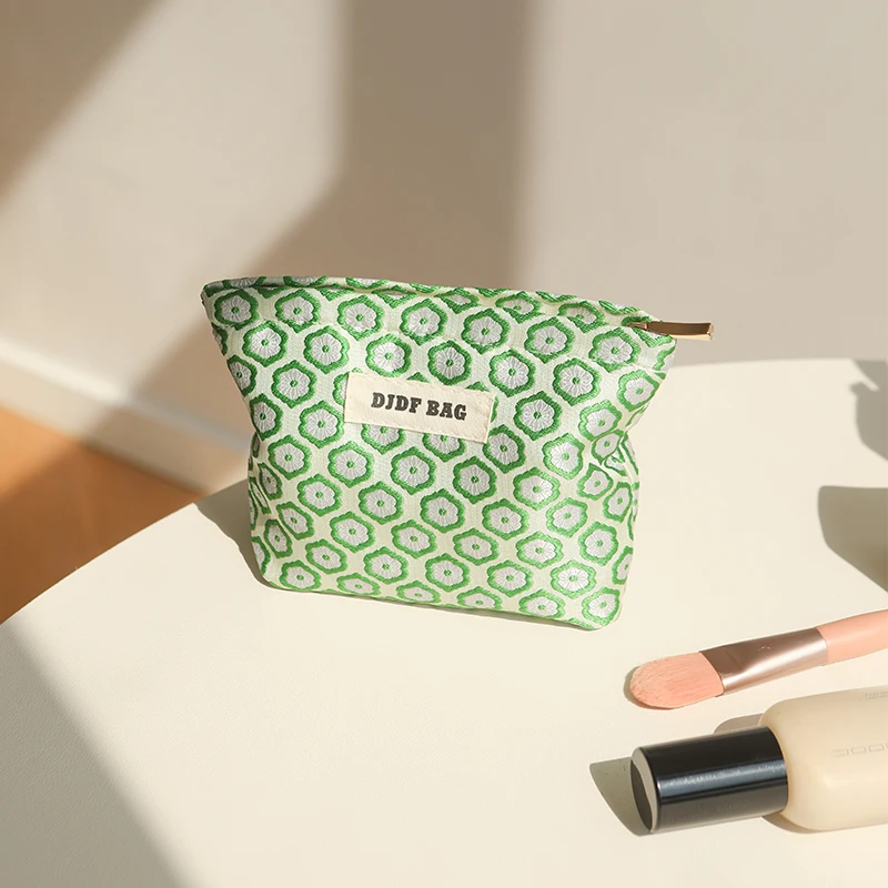 Cosmetic Bag Women\'s Small Green Window Flower Portable Coin Purse Cosmetic Lipstick Air Cushion Storage Bag Commuter Clutch Bag