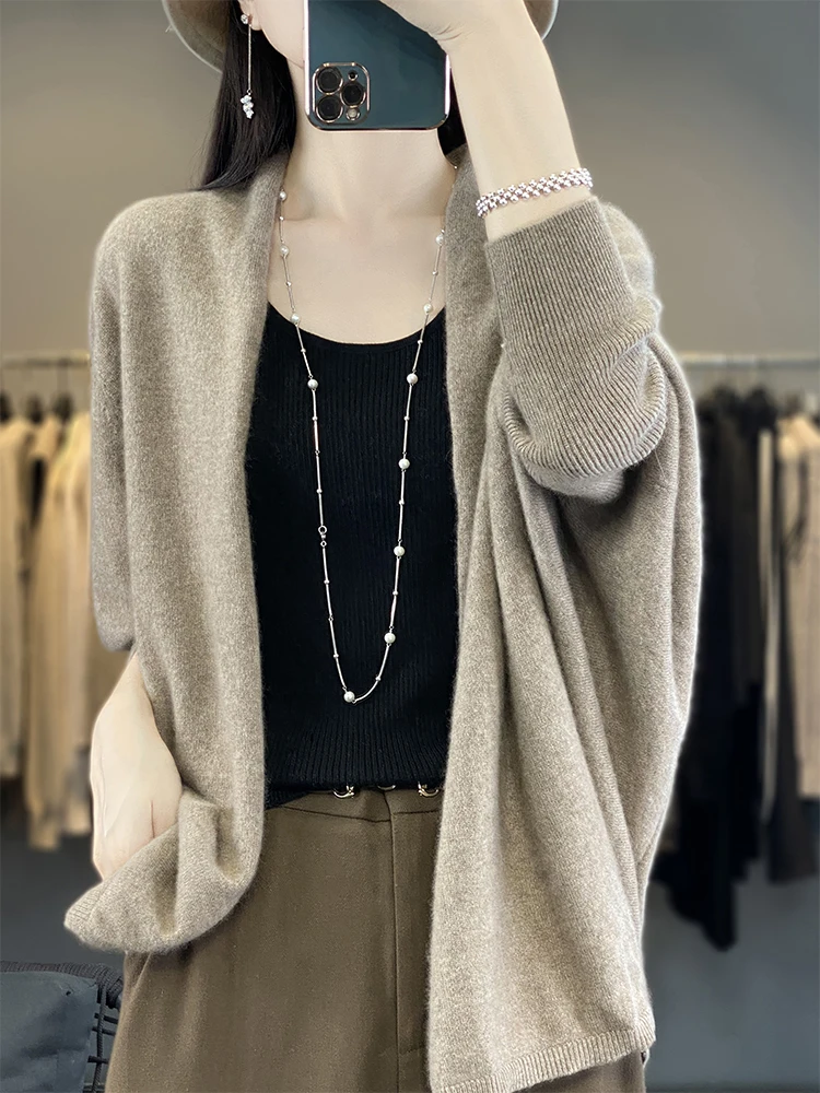 Fall/winter new pile collar cashmere cardigan women's loose knit coat lazy bat sleeve design shawl