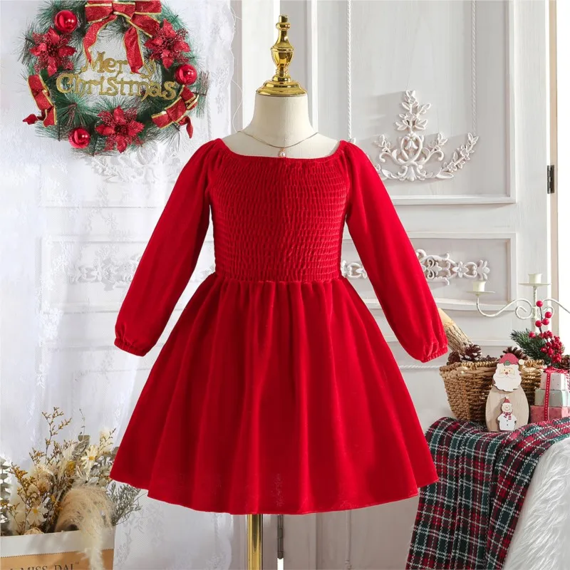 Girl Princess Velvet Dress Long Sleeve Spring Autumn Winter Child Vestido Red Green Party Birthday Christmas Baby Clothes 1-5Y