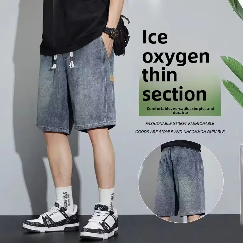 

Summer Thin American Retro Embroidered Denim orts Men's Trendy Haome Casual Five-Quarter Mid-Pants Straight Leg Fit