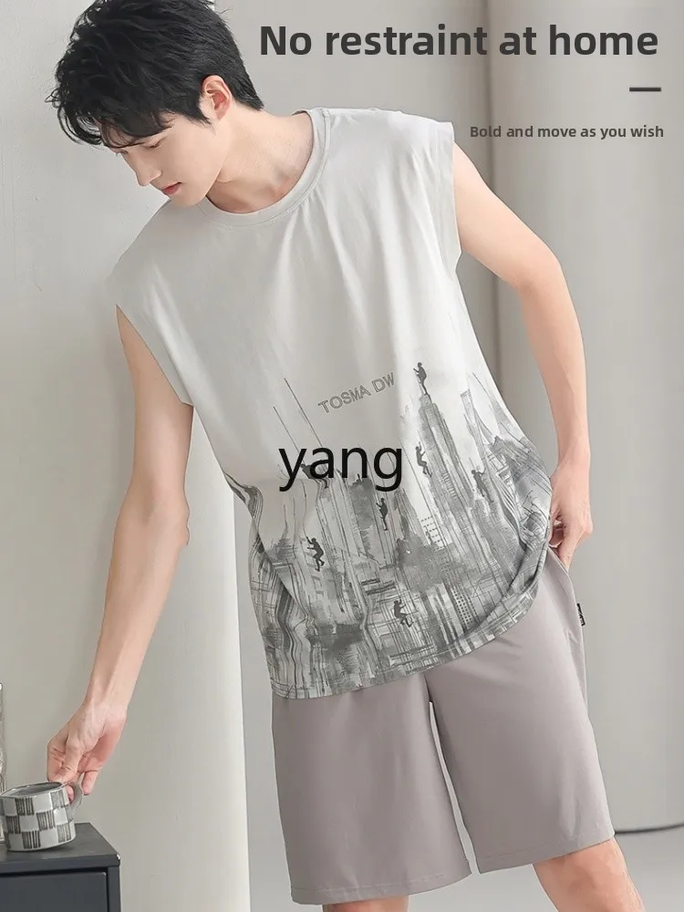 Yjq men's vest pajamas summer sleeveless shorts casual suit large size can be worn outside loungewear