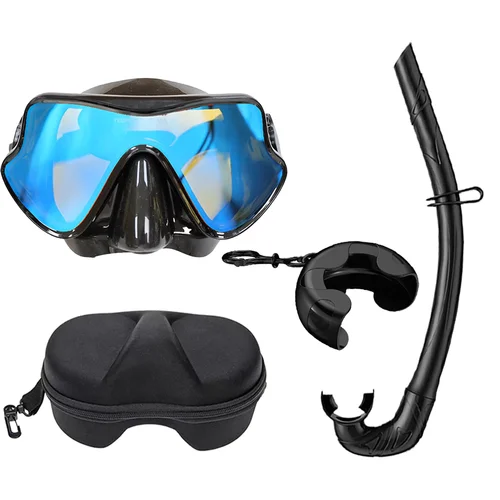 Máscara de snorkel, gafas de buceo, tubo plegable de silicona húmeda, espejo, lente de vidrio templado, máscara de buceo, tamaño de viaje con estuche