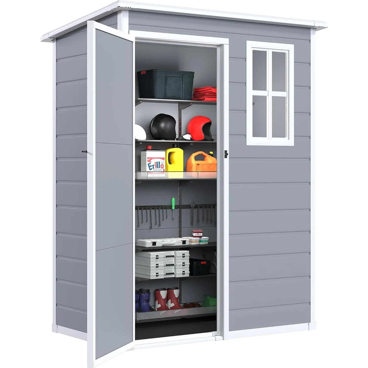 

5x3ft Resin Outdoor Storage Shed w/ Floor, Waterproof Lockable Storage Shed w/ Window, Plastic Outside Tool Storage,Gray