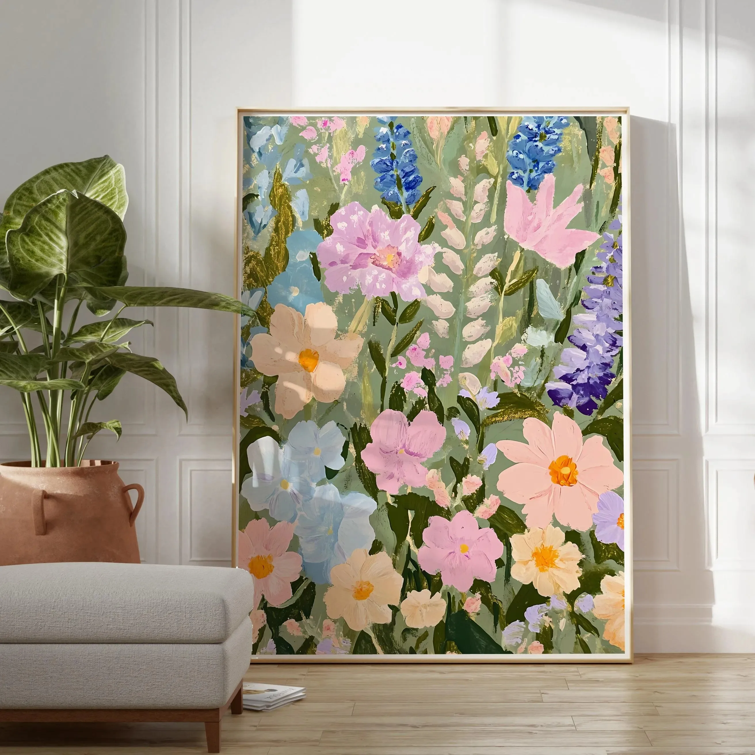 

Summer pastel floral print. Modern colorful wildflowers painting. Abstract pink and green floral artwork poster. Home wall decor