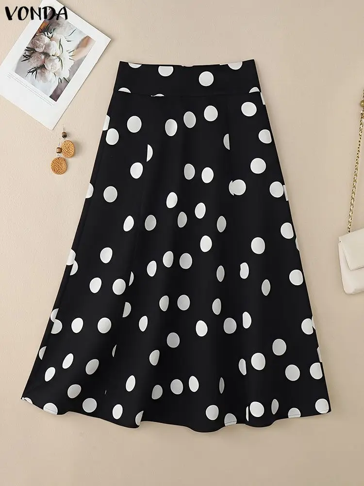 

Плюс размер 5XL VONDA, женские вечерние юбки в горошек, осень 2023, богемные юбки с высокой талией Jupes Faldas Saia, плиссированные длинные плавки большого размера
