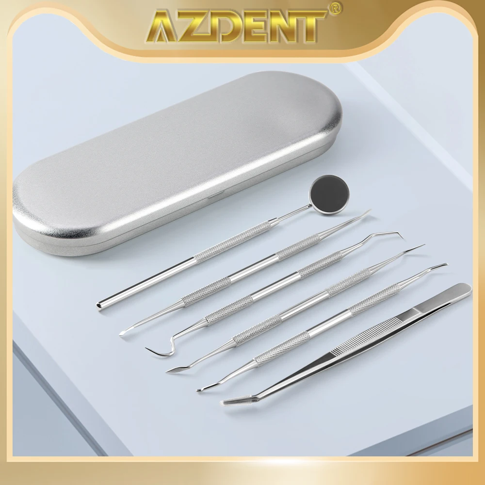 AZDENT 6PCS/Kit Dental Cleaning Tools Set Mouth Mirror Stainless Steel Tweezers Elbow Probe Triangle Shovel Dentistry Instrument