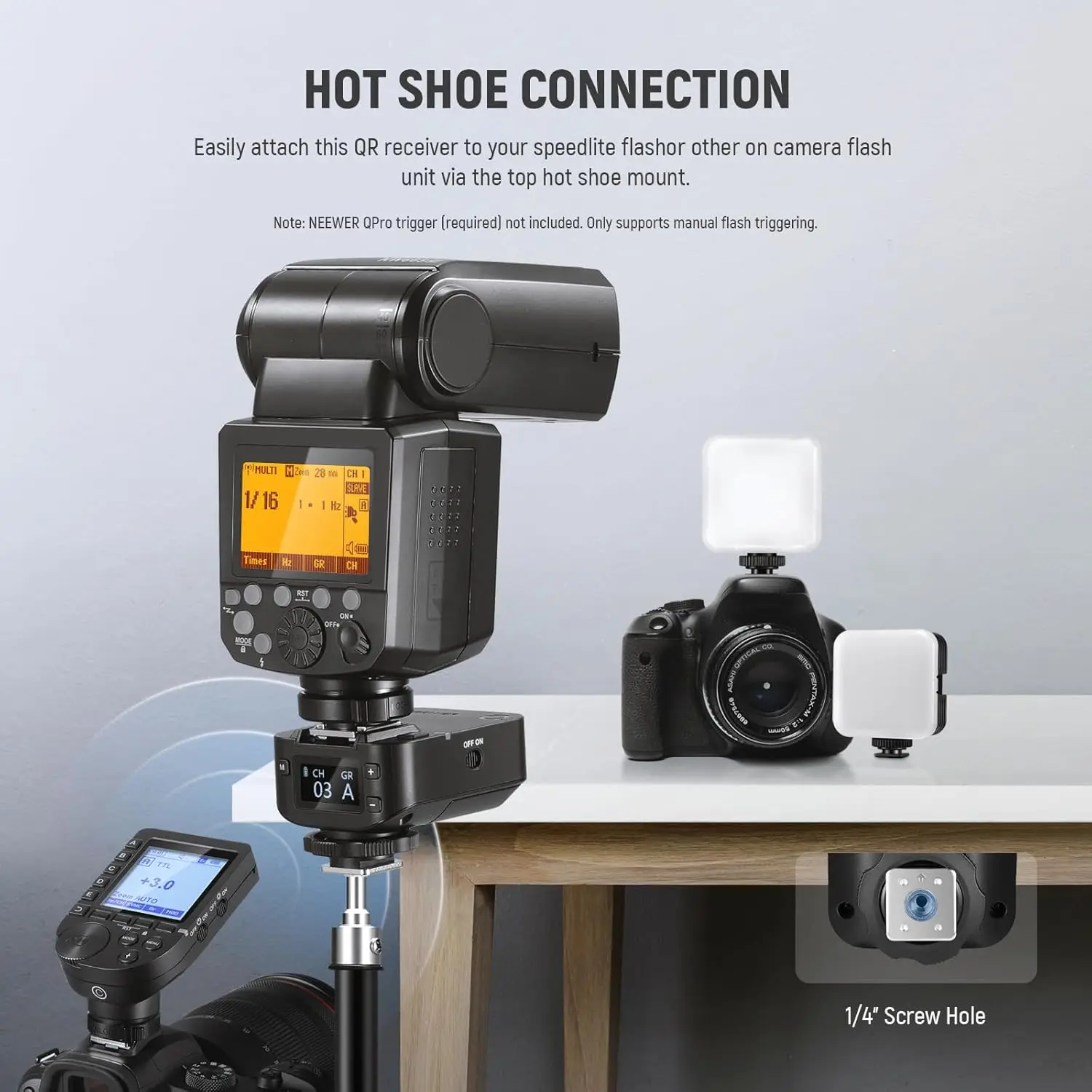 NEEWER QR 2.4G Wireless-Blitzempfänger für NEEWER QPRO-C, QPRO-N, QPRO-S-Trigger, Einzelkontakt mit 2,5-mm-Synchronisierungsanschluss, Heiße Schuhe – Detail 2