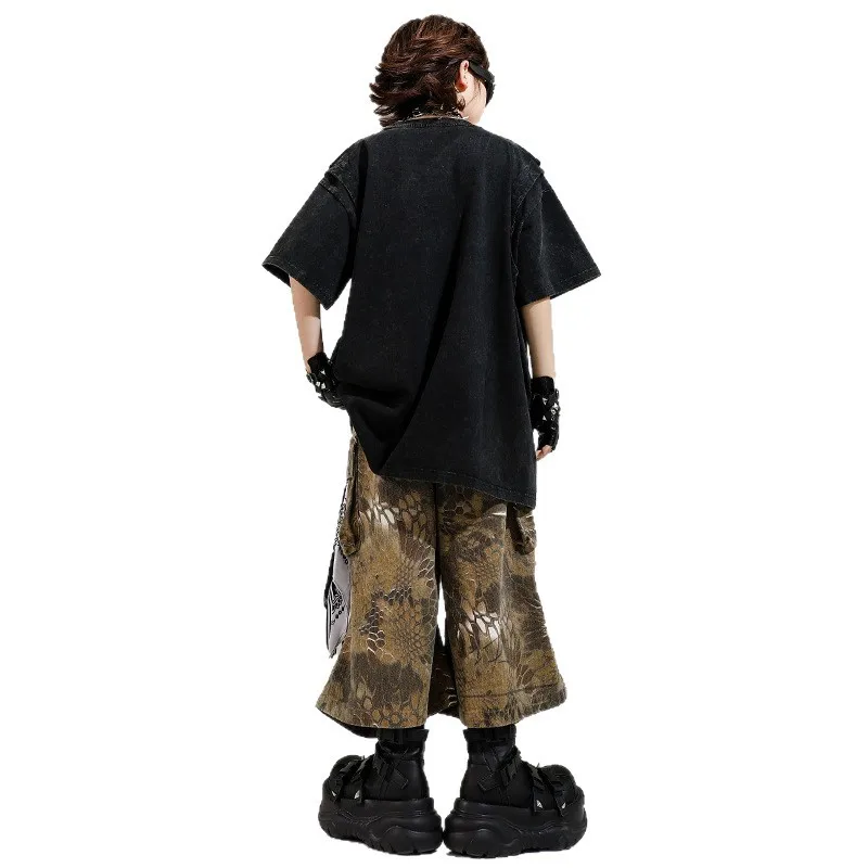 Ropa de Hip Hop Kpop para chico, camiseta negra falsa de 2 piezas, pantalones cortos Cargo con estampado de serpiente, pantalones medios para niña y niño, trajes de baile, ropa