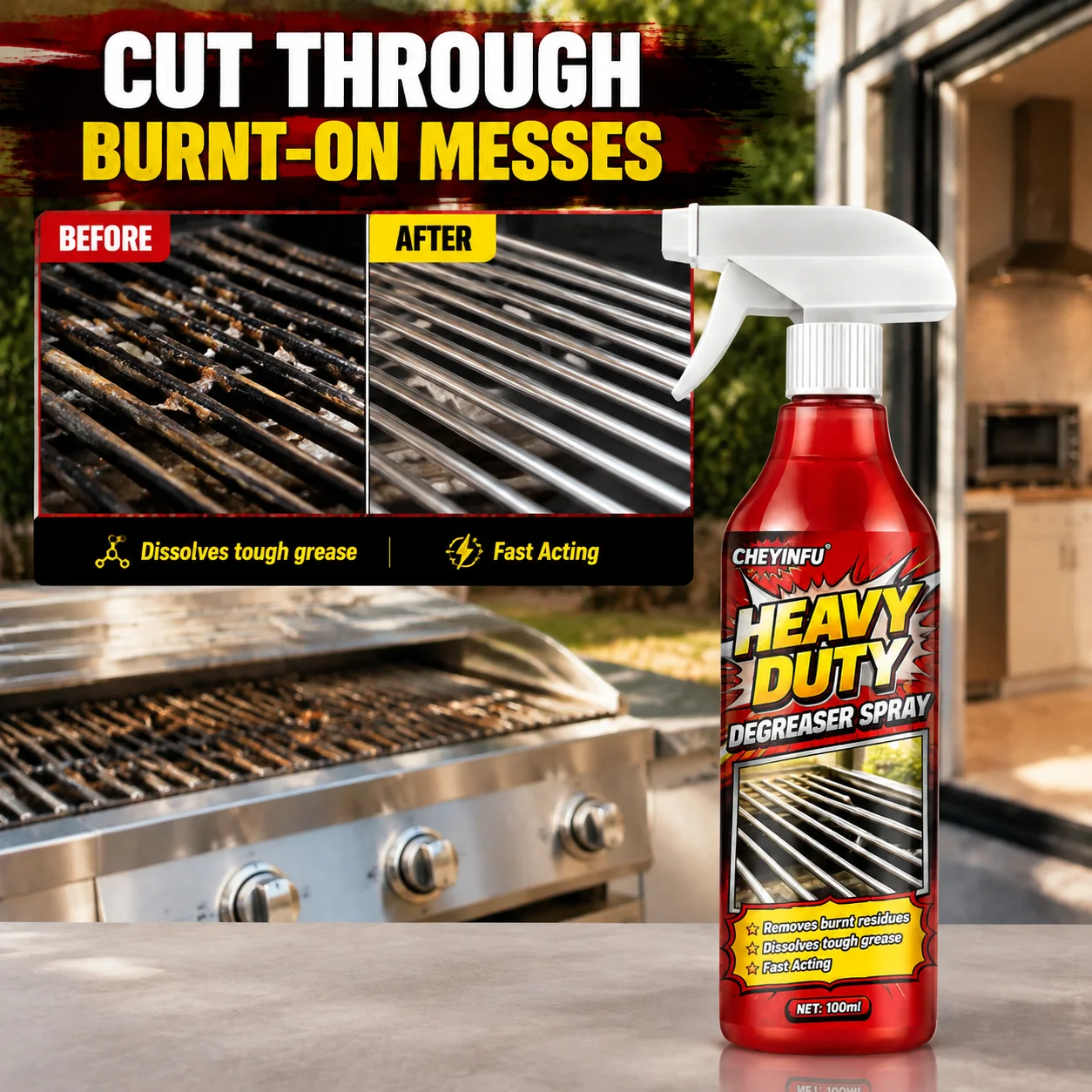 CHEYINFU 100ml Heavy Duty Kitchen Degreaser Spray Fast Oil Grease Stain Remover