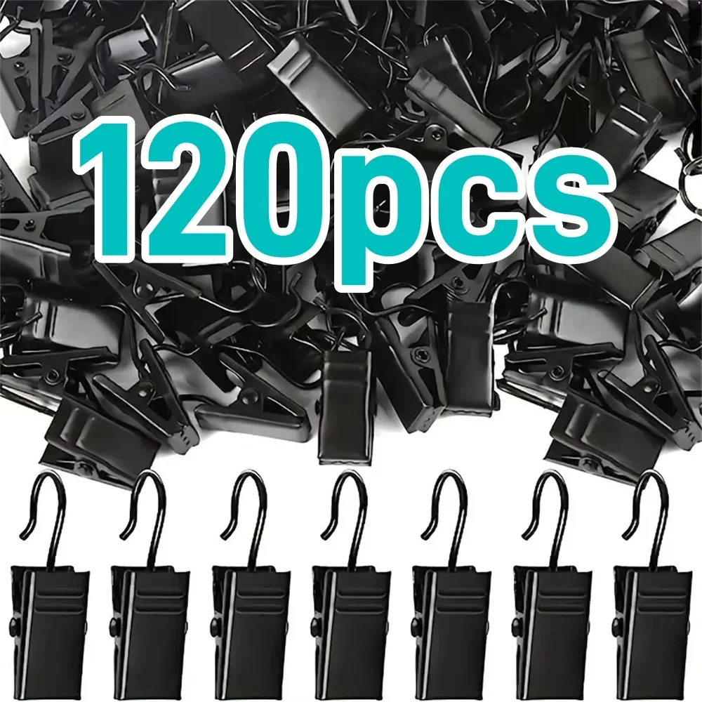 120pcs Decorative Metal Hanger Hooks Durable Black Curtain Clip Set Adjustable String Light Clips for House Party Decor Access