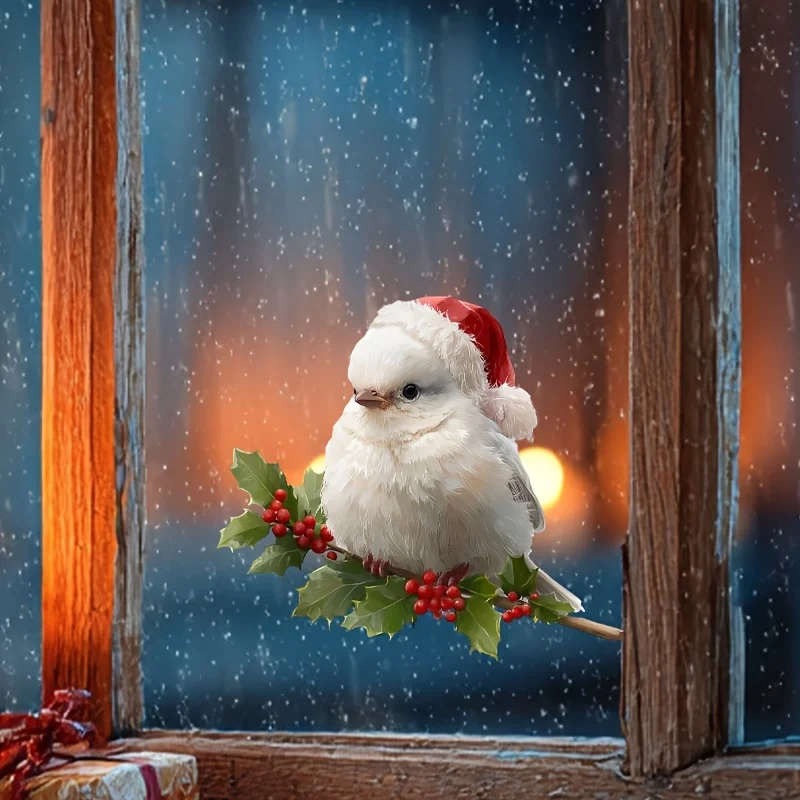 1 x Fensteraufkleber für Weihnachten, festliche Feiertage, weißer Vogel, roter Hut, Ständer auf Beerenzweige-Design, nicht klebend, wiederverwendbar, statisch haftend