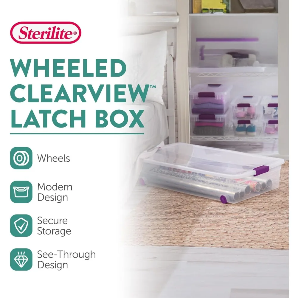 4 عبوات من صندوق مزلاج ClearView سعة 60 لترًا، صناديق تنظيم السرير بعجلات مع أغطية للإغلاق - منظمة بلاستيكية شفافة