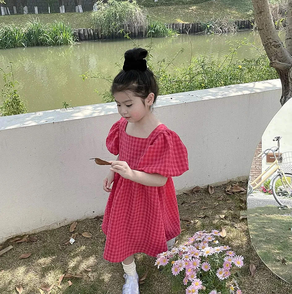 Girls\' Dresses Bubble Sleeved Plaid Tie Up Princess Dress Summer New Plaid Dress Girls Fashion Kids Outfit Children Girl Clothes