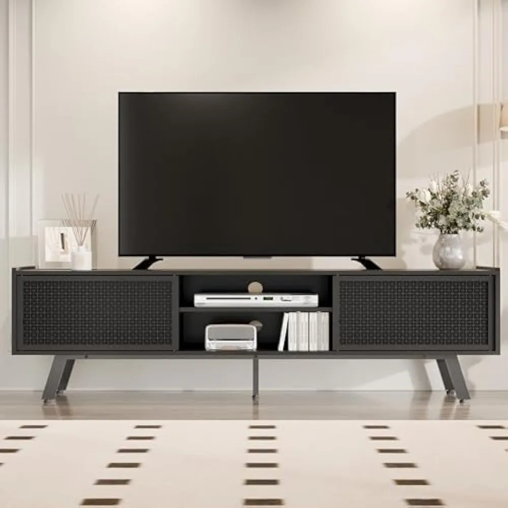 

65 70 Inch TV, Modern Iron Rattan TV Console with Sliding Door,, Media Console for Liveing Room and Bedroom