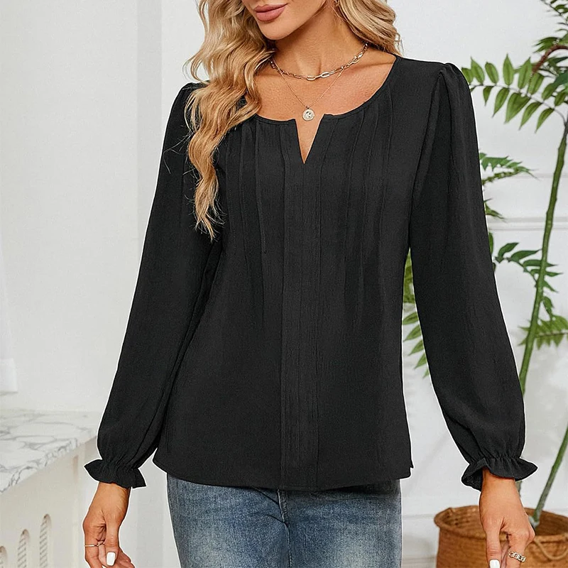 European and American Women\'s Chiffon Blouse Fashion Elegant V-neck Long Sleeved Casual Solid Color Basic Shirt Top S-XXL