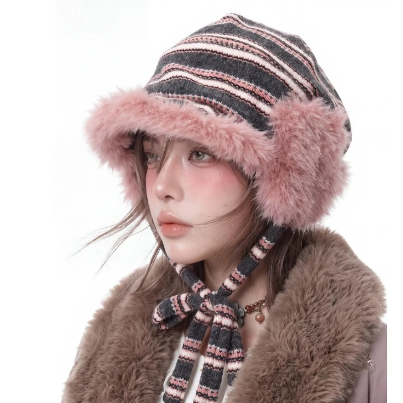 New Sweet Striped Knit Earflap Hats for Women Pink Fluffy Faux Fur Trim Windproof Warm Knitted Bomber Hat with Knotted Strap