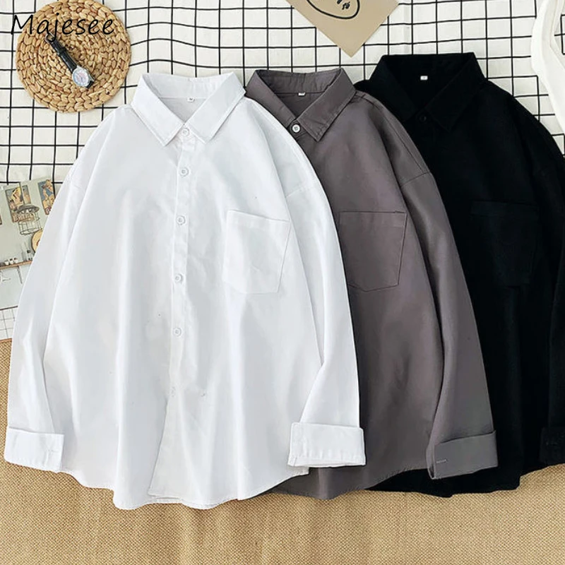 

Shirts Men Korean Style Spring Loose Solid Ins Long-sleeve Fashion All-match Unisex College Simple Teens Popular Casual Youth