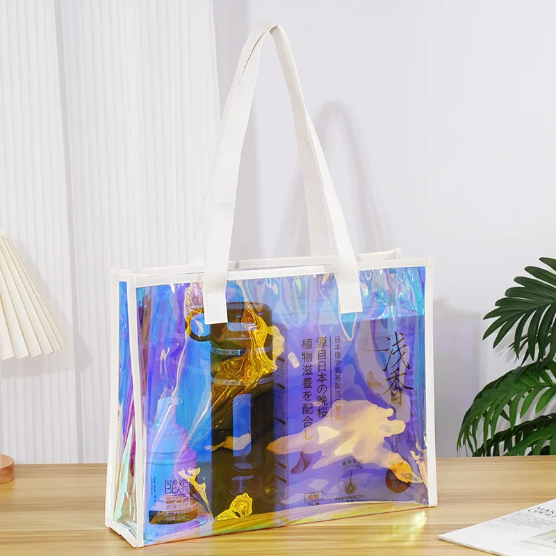 StoBag 2pcs Laser Transparent Shopping Tote Bag ShoulderFashion Gift Packaging Wedding Pouch Portable Custom Logo(Extra Fee)