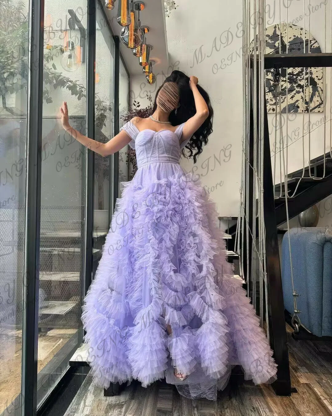 OEING Lavender A Line Evening Dresses Elegant Off The Shoulder Ruffles Tulle Prom Gowns Formal Occasion Wedding Party Dress